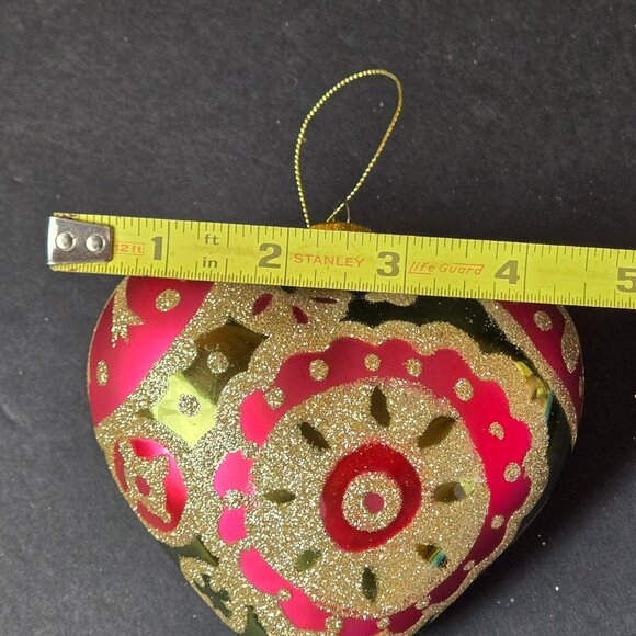Vintage Red And Gold Glitter Heart Ornament Hand Decorated 5 Inch Christmas - Picture 8 of 11